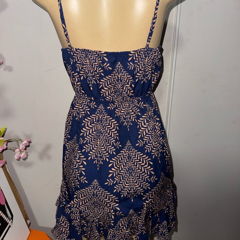 Elegant Blue and brown Leaf Print Dress - Picture 5 of 8